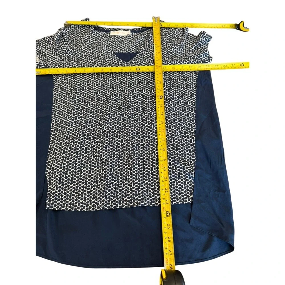Tory Burch Navy‎ White Geometric Linen Silk Mixed Media V-Neck Blouse Size S